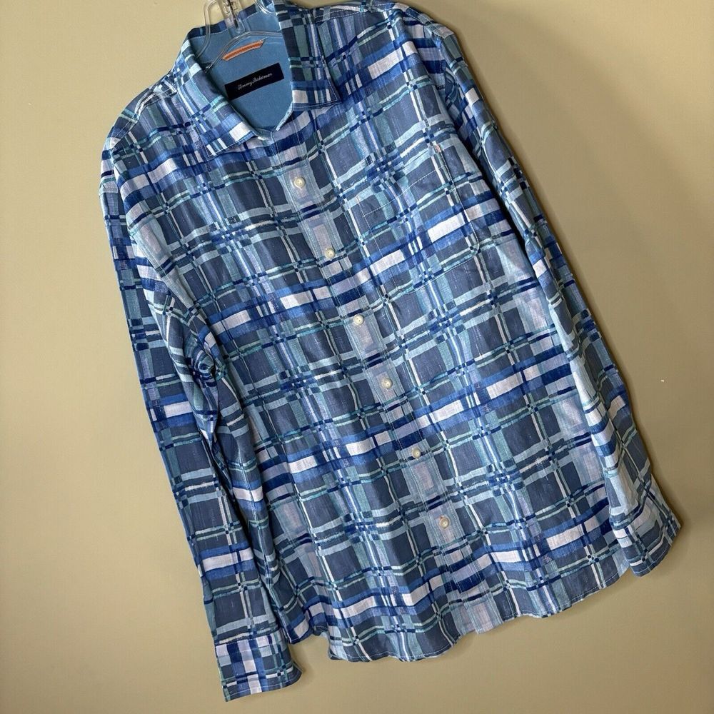 Men's Tommy Bahama Long Sleeved Linen Blend Blue Plaid Button Up Shirt Large - Picture 2 of 6